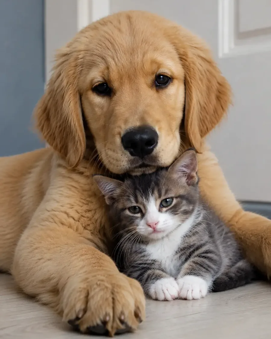Un perro y un gato descansando juntos en el piso de una casa, tranquilos en su propio ambiente